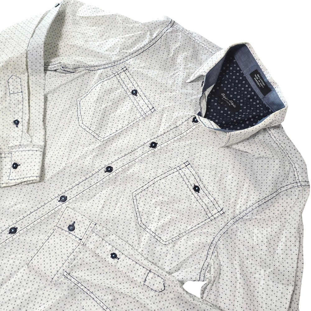 Eighty Eight Platinum Mens Small White Navy Micro Print Button Down Shirt Cotton